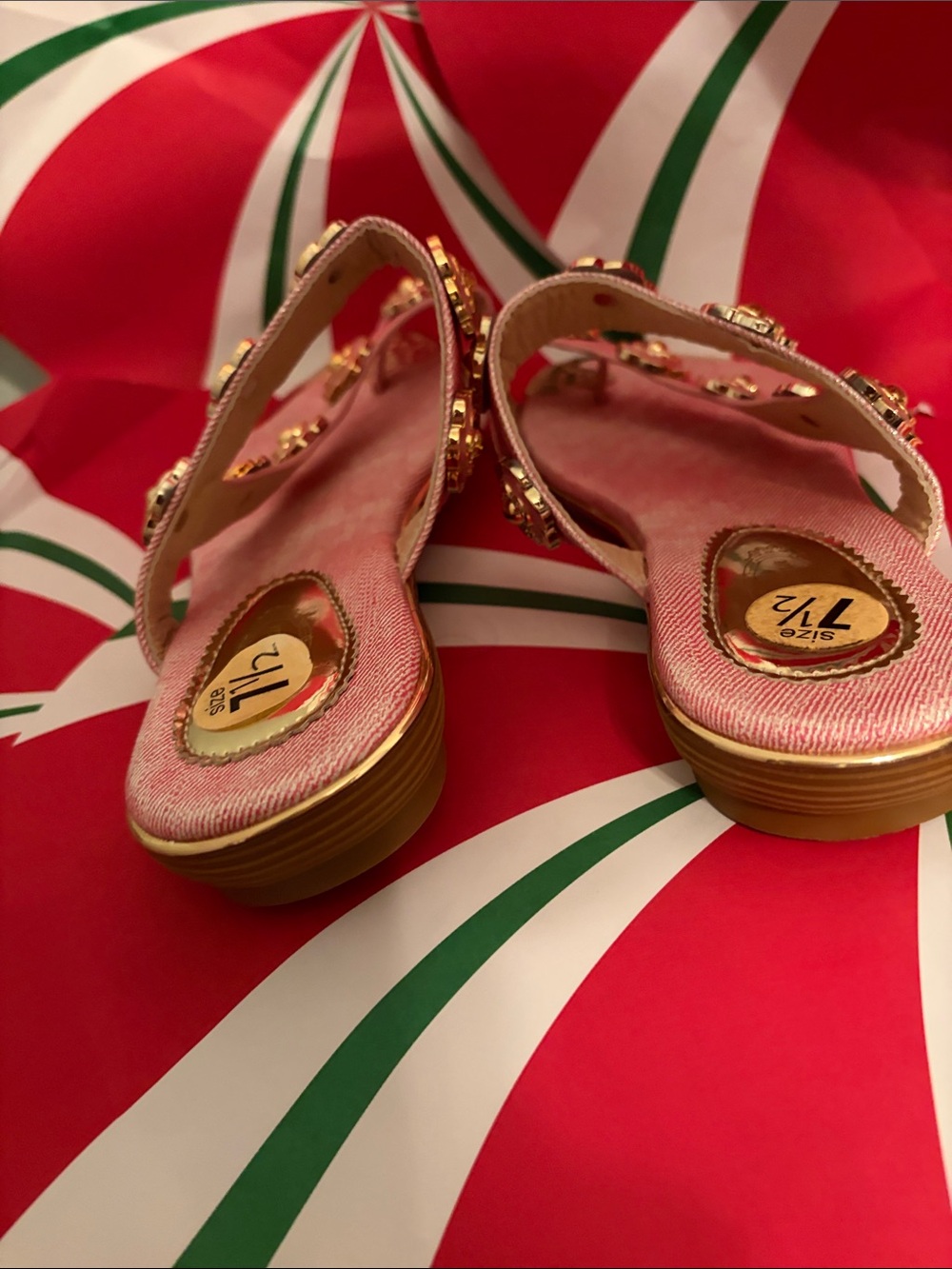 Women's Pink Floral Embellished Slide Sandals with Gold Accents - Picture 2 of 5
